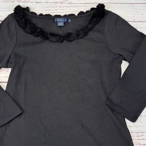 Boden Women Black T-Shirt Ruffle Rosette Collar Long Sleeve Size 10 100% Cotton
